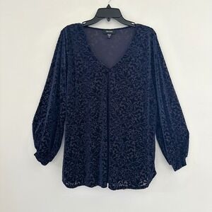 Karen Kane Velvet Burnout Top Womens 2X Navy Blue V-Neck Goth Floral Boho Sheer
